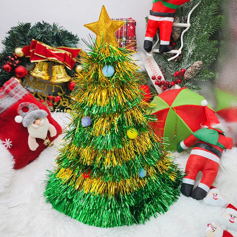 Christmas Tree Hats Fabric Rain Silk Hat for Adults Kids Funny Santa Hat with Tinsel Xmas Holiday Party Costume New Year Decor