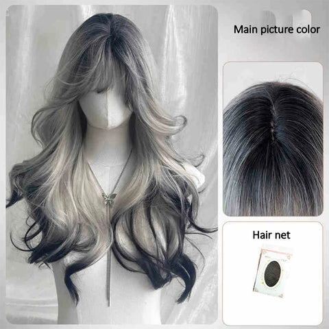Gray-black Gradient Synthetic Wig Female Twilight Elf Gothic Lolita Wool Curly Long Hair With Bangs Christmas Cosplay Wig