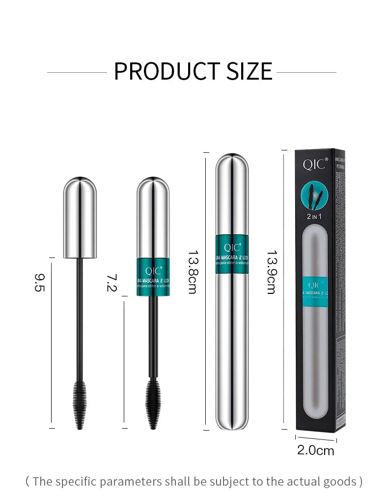 QIC Double Effect 4D Mascara Waterproof Long Curl Natural Thick Eyelash 2-in-1 Black Mascara with 2 Brush Heads