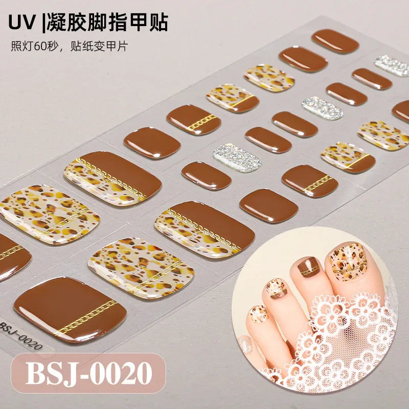 26Tips French Leopard Print UV Gel Toenail Sticker Bronzing Dye Gradient Cross-border Semi Baked Gel Nail Sticker UV Lamp Needed