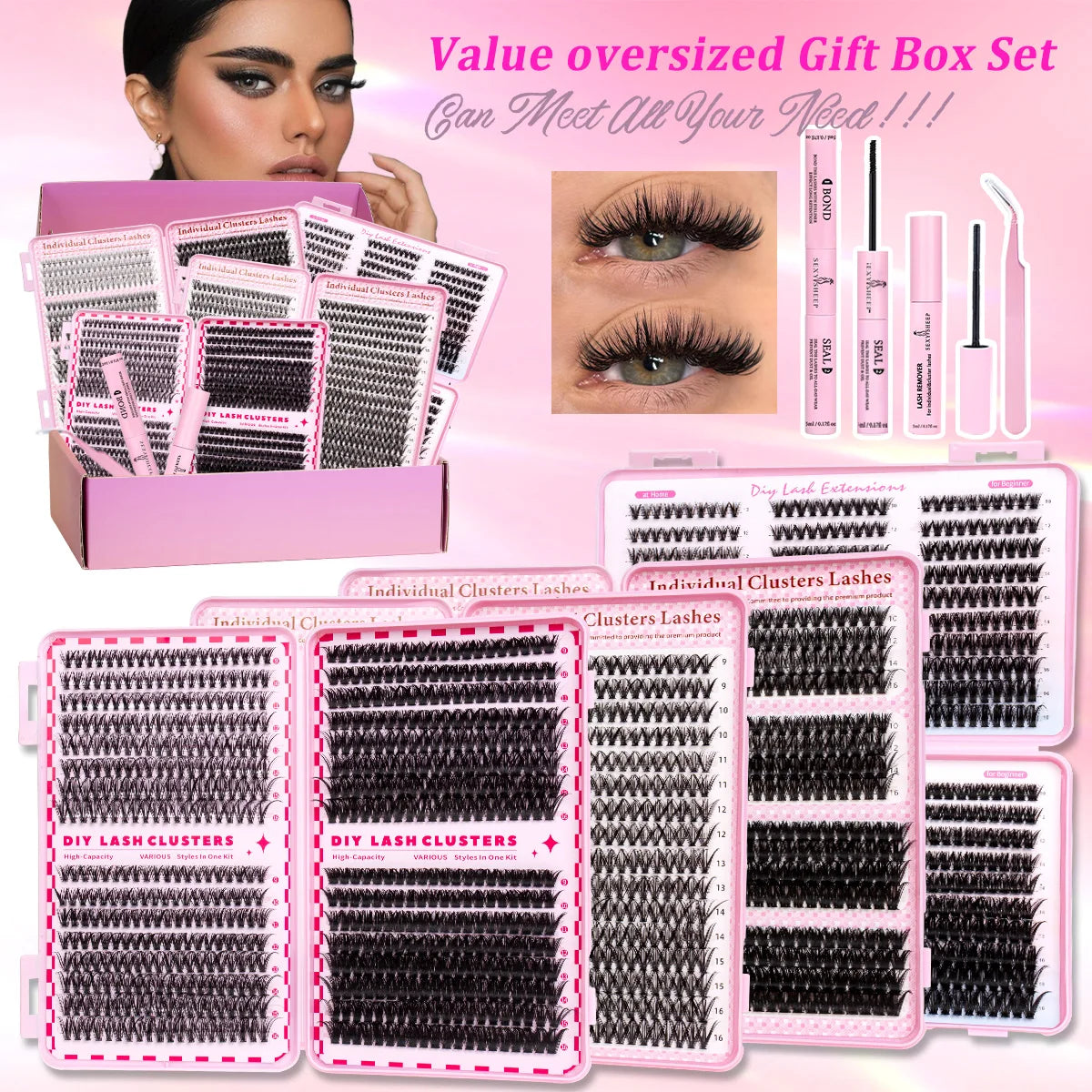 DIY Individual Eyelash Kit Volume Lash Clusters D Curl Soft Natural Lashes Extension with Bond and Seal Tweezers Festival Gift