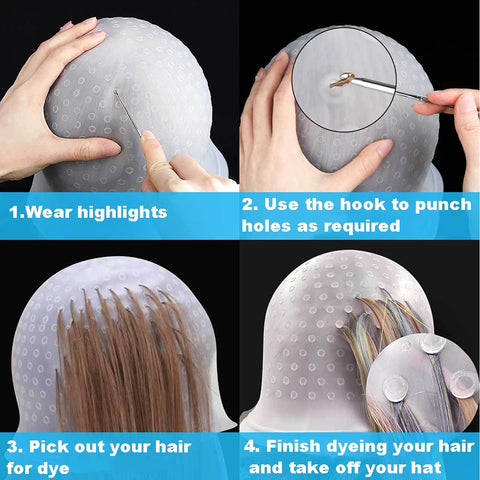 1set Silicone Highlighting Cap with Hook Needle Reusable Hair Dye Cap Set Barber Professional Hair Coloring Salon Hair Tools