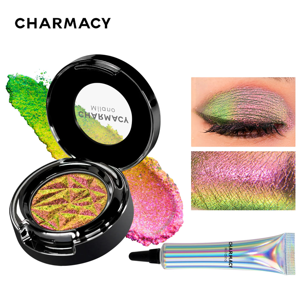 CHARMACY Multichrome Glitter Eyeshadow Set with Primer Long-lasting High Chrome Pigment Eye Shadow Cosmetic Makeup for Women