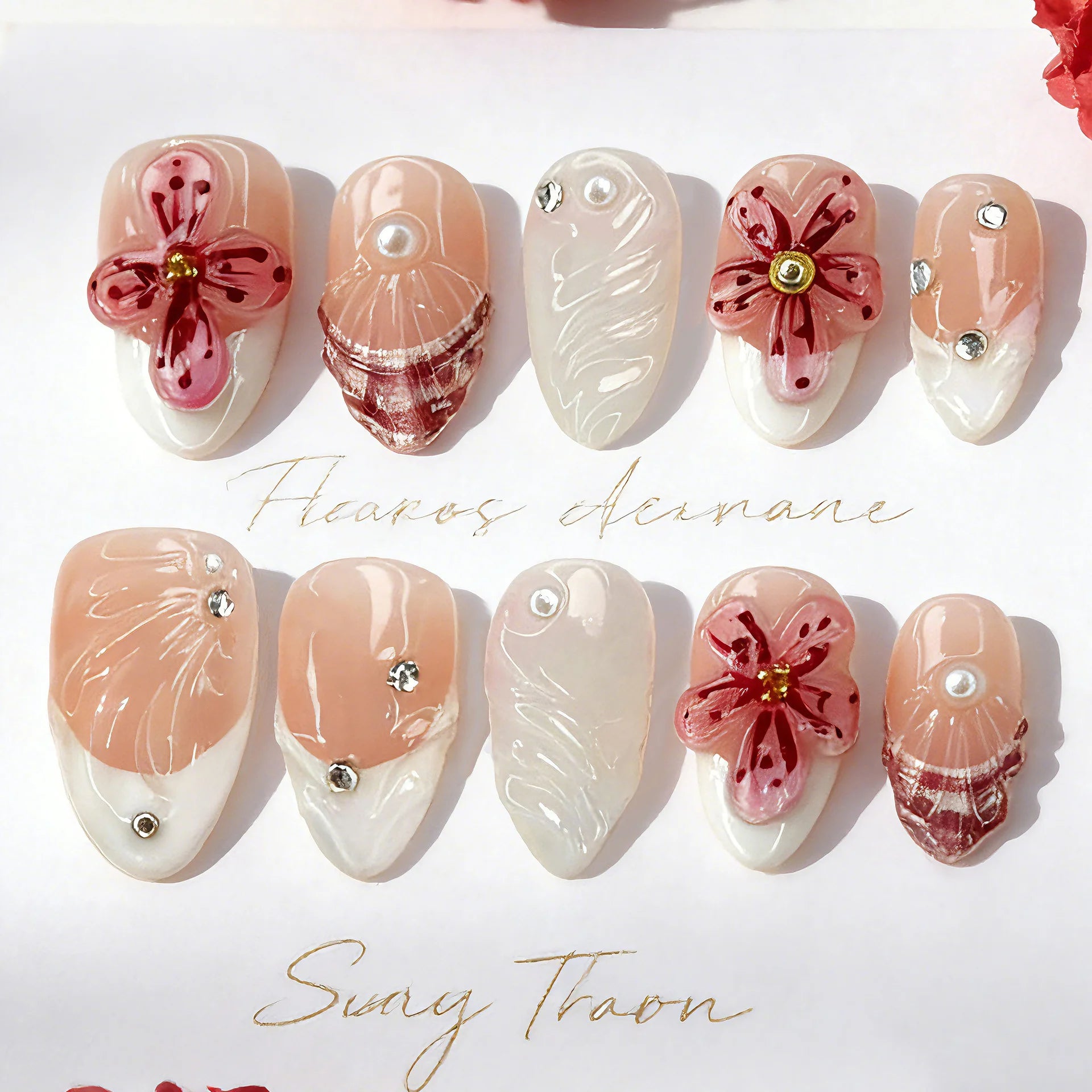 24pcs Leopard Print Brown Nails Art Gilded Pearl Design Almond Fake Nail Tips Flower False Nail for Women Girl Press on Nails