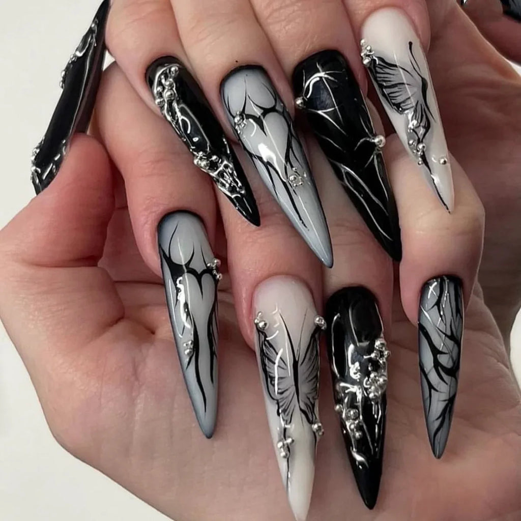 Exaggerate Punk Extra Long Pointed Fake Nails Art Dark Y2K Black Spider Centipede Rhinestone False Nail Press on Nails Manicure