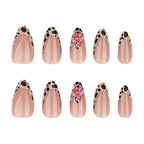 24pcs Brown French Leopard Print Press On Nails Stereo Pink Flower Designs Autumn False Nails Sweet Cool Almond Fake Nail Tips