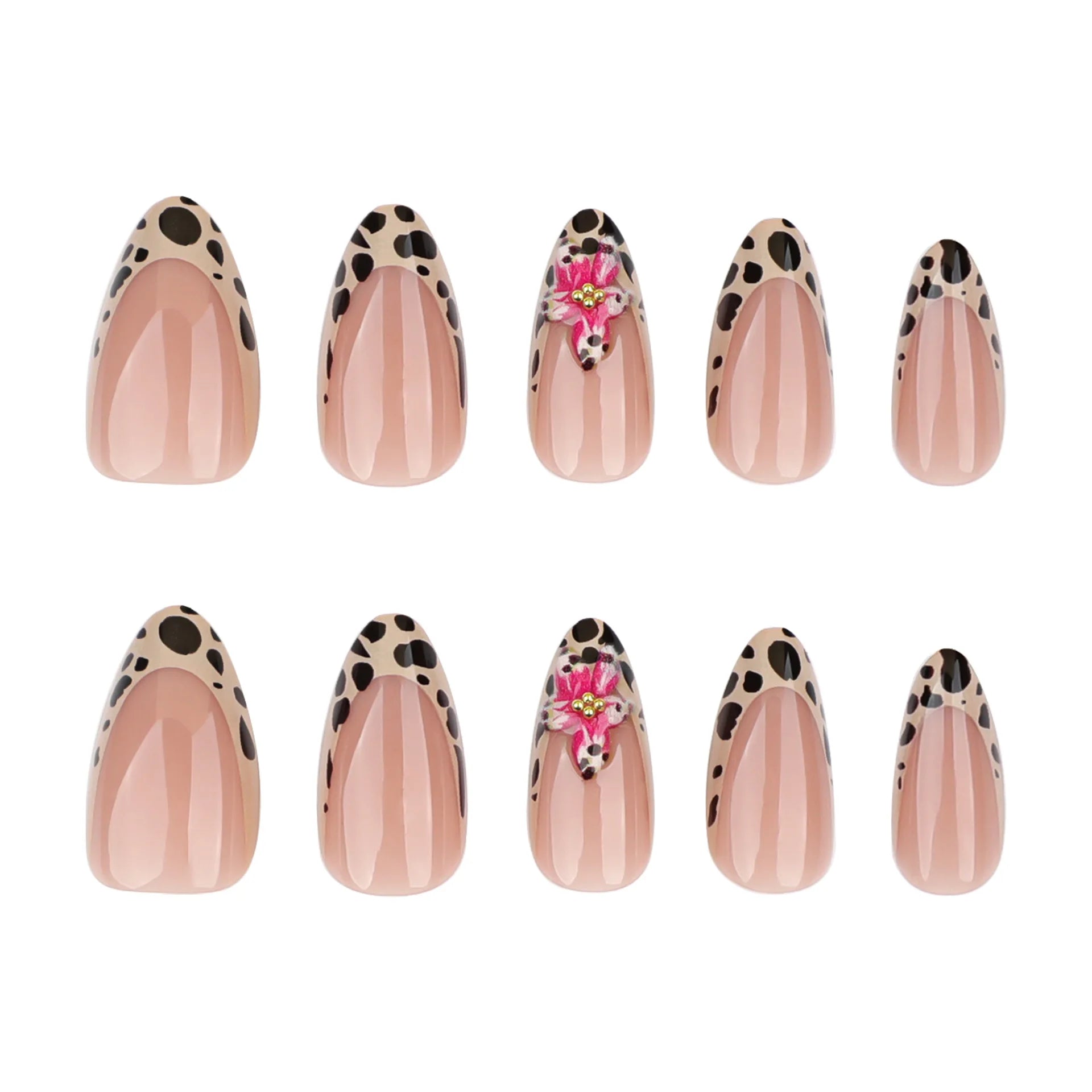 24pcs Brown French Leopard Print Press On Nails Stereo Pink Flower Designs Autumn False Nails Sweet Cool Almond Fake Nail Tips