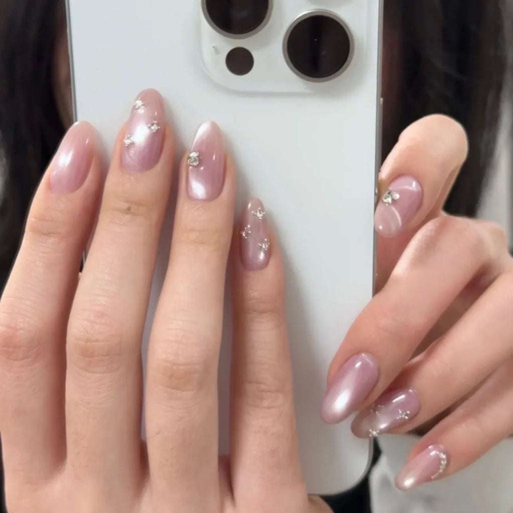 24pcs Glossy Red Cat's Eye Press On Nails Full Cover Nude Color Wearable Almond False Nails Charms Detachable Fake Nail For Girl