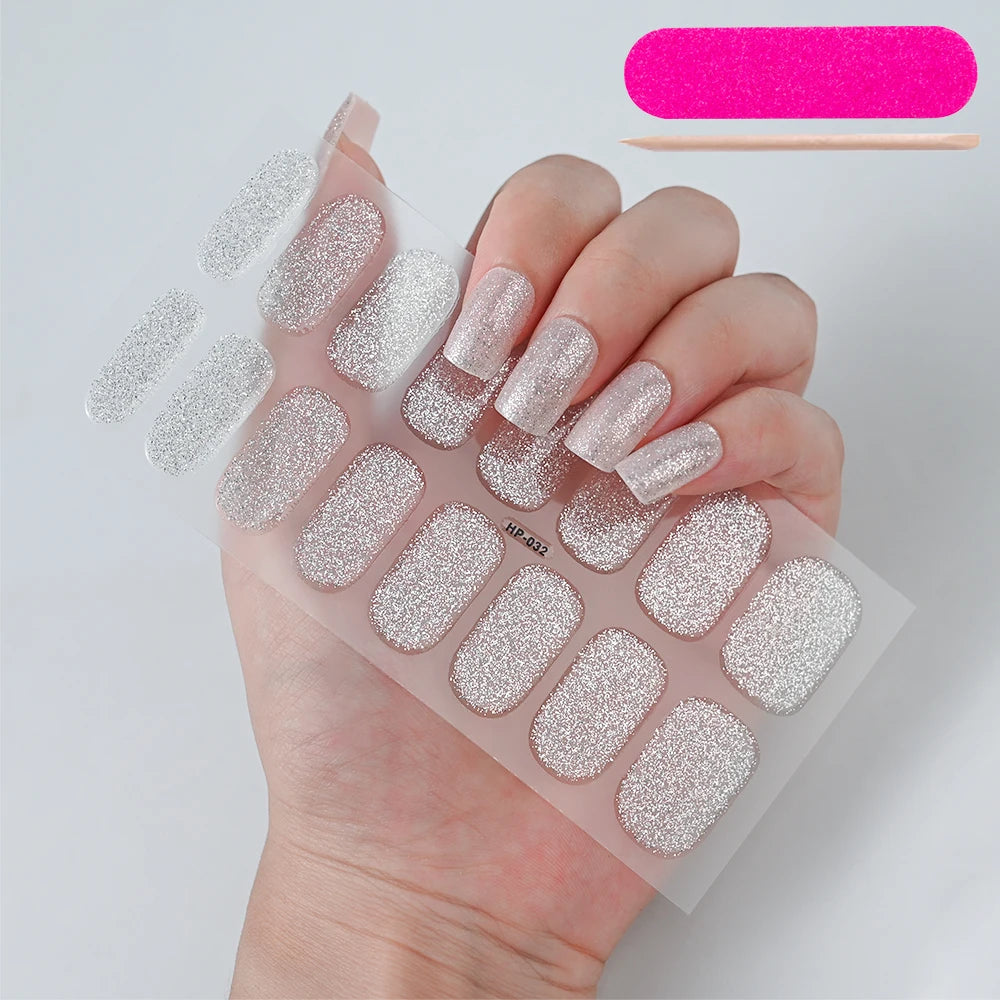 16Tips French Black Semi-Cured Nail Stickers With Glitter Long-Lasting UV Gel Nail Polish Wraps Full Cover Nail Art Decals Patch