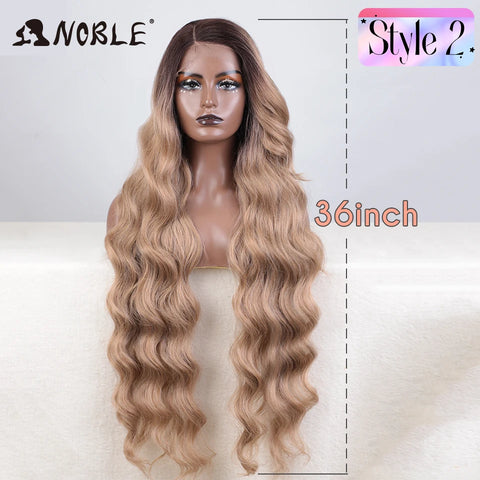 Noble Synthetic Lace Front Wig Long Wavy 36 " Body Wavy Side Part Lace Wig For Women Lace Front Wig Ombre Blonde Cosplay Wig