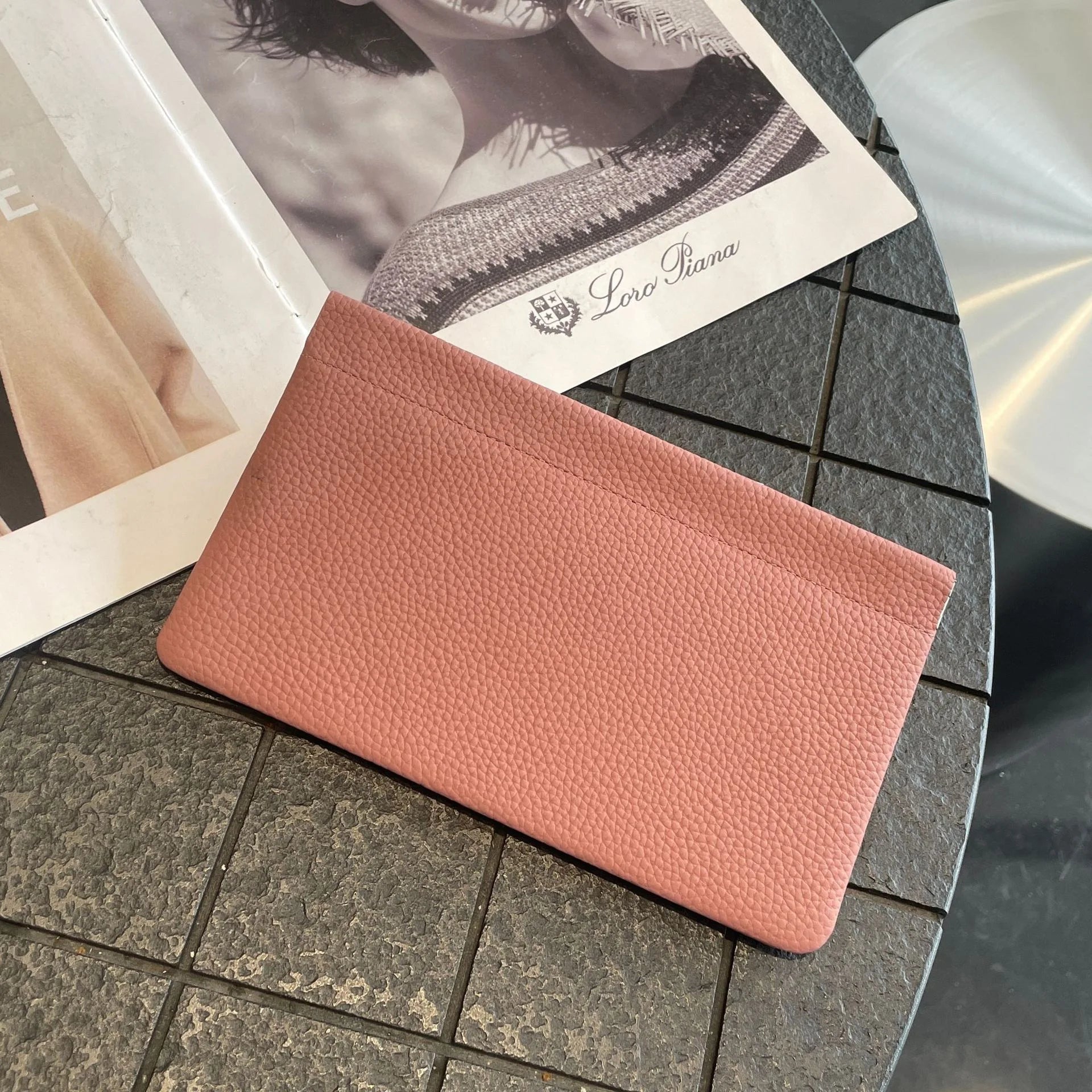 Custom Letters  Ladies Genuine Leather Ultra-thin New Minimalist Long Wallet With Automatic Closure makeup Lipstick Storage Bag