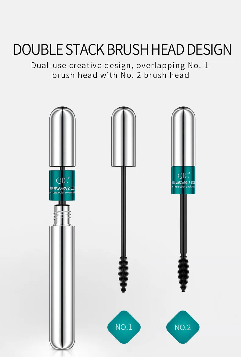 QIC Double Effect 4D Mascara Waterproof Long Curl Natural Thick Eyelash 2-in-1 Black Mascara with 2 Brush Heads