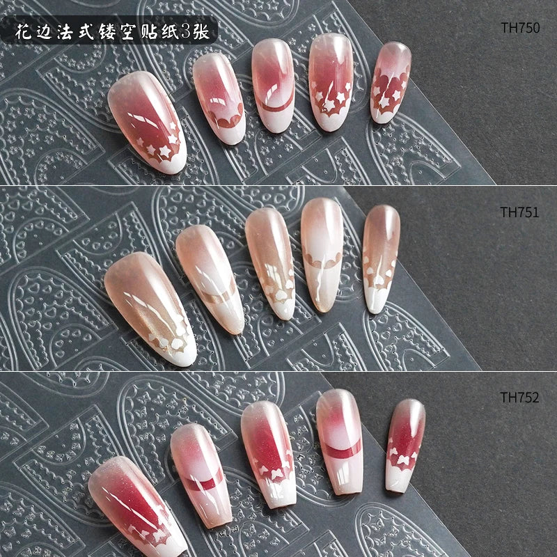5 Sheets French Cheese Nail Stickers Decoration Self-Adhesive Hollow Lace Nail Art Decals Butterfly Star Shape DIY Nail Art Tool