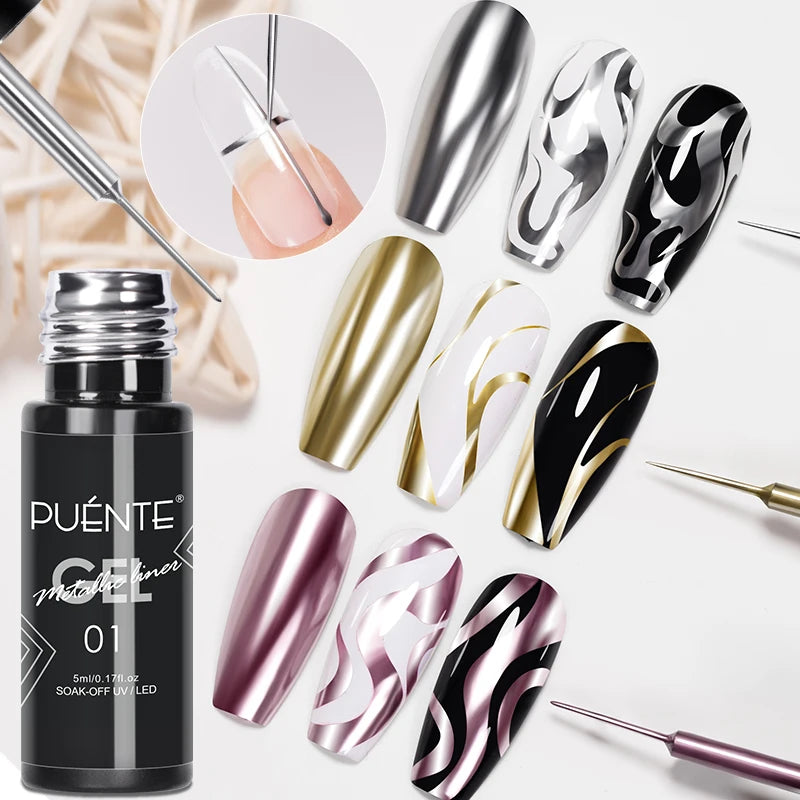 PUENTE 5ml Metallic Painting Liner Gel Polish Bright Mirror Effect Semi-Permanent UV Nail Varnish For Stunning French Nail Art