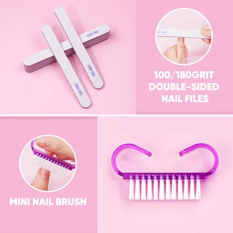 10/15pcs Professional Nail Art Kit with 100/180 Grit Files,Buffer Sponge,Brush,Scissors,Cuticle Nippers Pushers Gel Polish Tools
