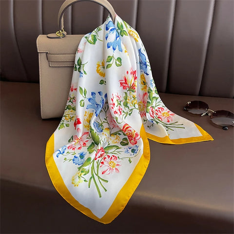 Luxury Print Satin Silk Square Scarf for Women Shawl Hijab Neckerchief Female Hair Ribbon Headband Fashion Wrap Bandana 2023 New