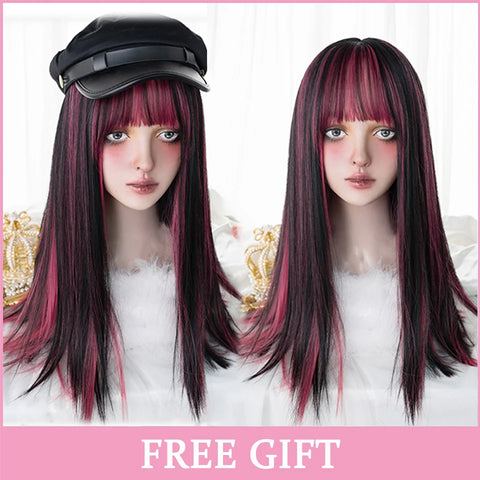 LM Synthetic Hair Long Wave Black And Pink Lolita Wigs For Women Cosplay Wig With Bangs Halloween Christmas Heat Resistant