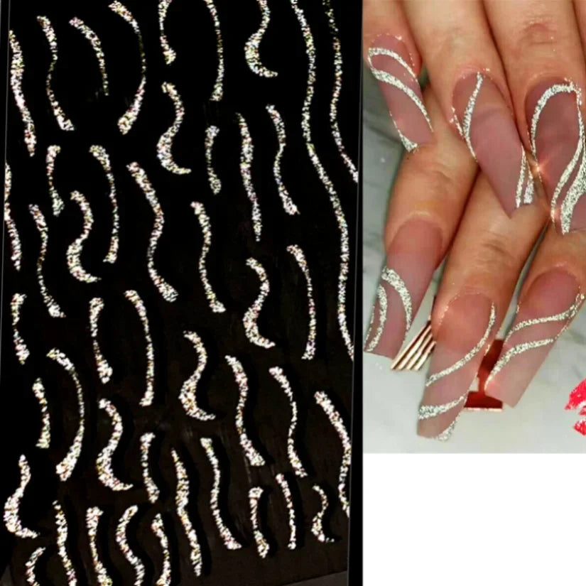 Adhesive stickers with European and American style cross snake black and white wave dot hot silver line letter nail stickers