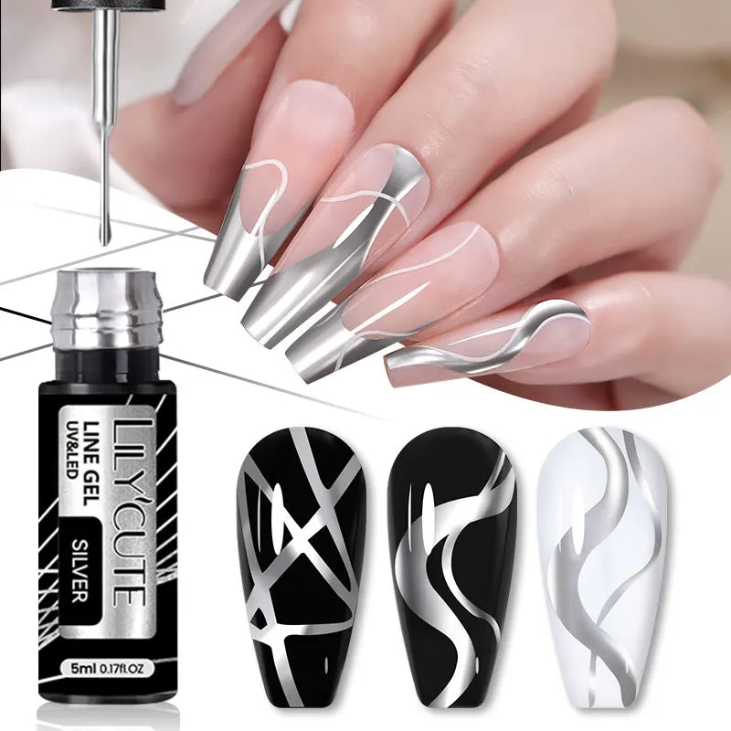 LILYCUTE 5ml Metallic Gel Polish Painting Liner Super Bright Gold Silver Mirror Gel Nail Polish Semi Permanent Lines French Nail