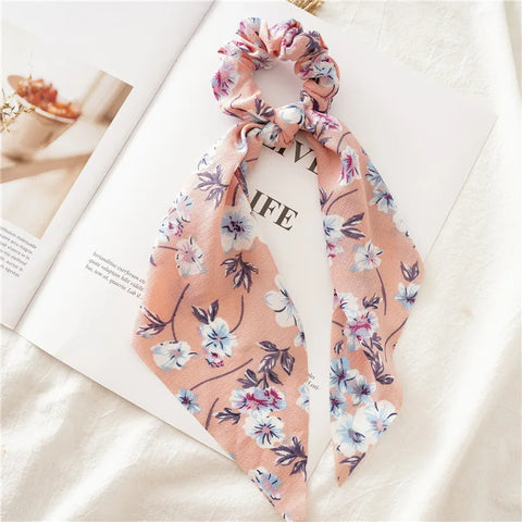 2023 Fashion Print Chiffon Long Ribbon Scrunchies Women Girls Ponytail Scarf Elastic Hair Bands Ties Hair Accessories Wholesale