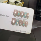 10PCS Ins Blue Short Oval False Nails Retro Hand-drawn Brown Polka Dot Bow French Press on Nails Full Cover Detachable Manicure