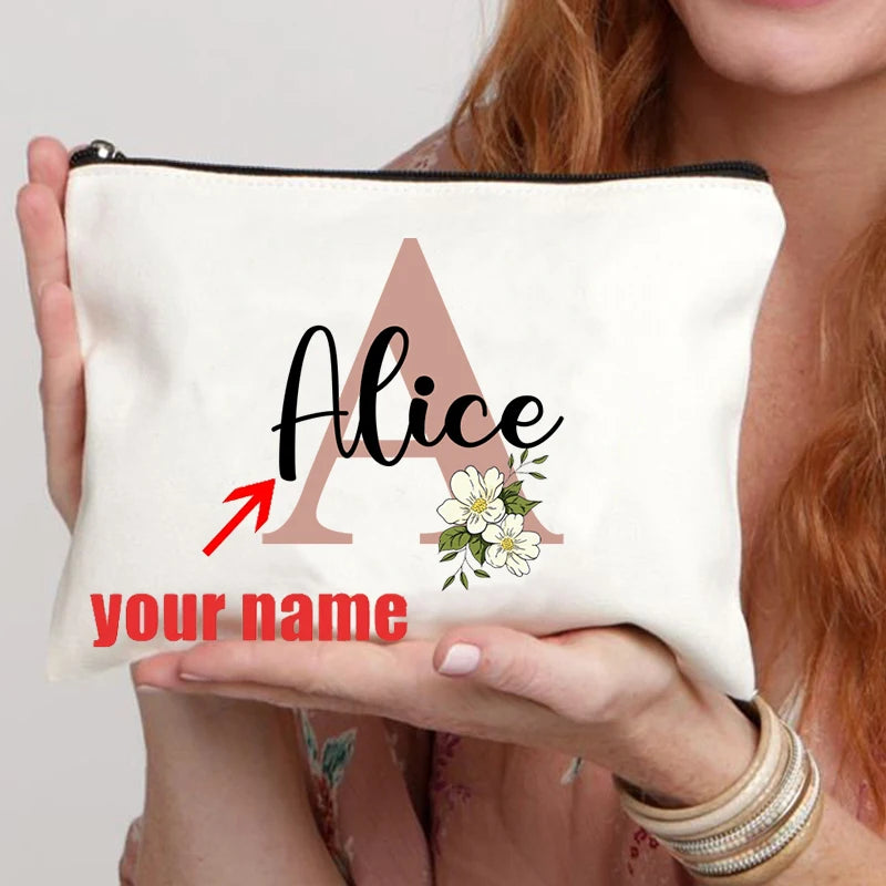 Floral Letters Custom Name Makeup Bag Best Gift for Bridesmaid Teachers Friends Women Purse Personalise Gift for Birthday