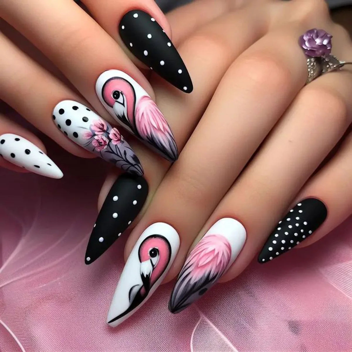 24pcs/set Medium long square fake nails for women girls cute heart flowers feather butterfly design press on false nail art tips