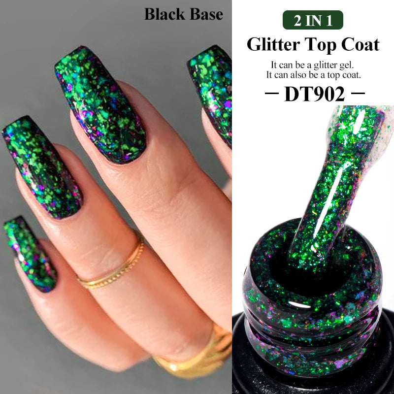 MEET ACROSS 7ml Sparkly Glitter Top Coat Gold Foil Effect Nail Art Gel Nail Polish Soak Off Semi Permanent Varnish For Nails DIY