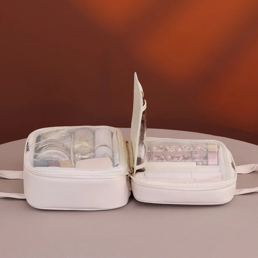 Multifunctional Makeup Bag For Women PU Leather Large Capacity Portable Double Zipper Travel Makeup Brush Toiletries Storage Bag