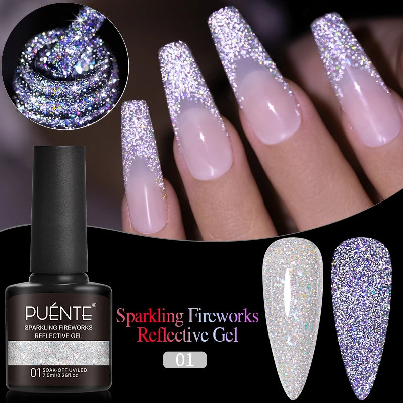 PUENTE 7.5ML Sparkling Pinkish Purple Laser Cat Magnetic Gel Nail Polish Holographic Rainbow Effect Soak Off UV Nail Art Varnish