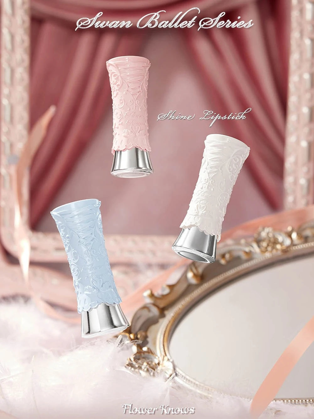 Flower Knows Swan Ballet Collection 6 Color Palette Embossed Blush Shine Lipstick Fairy Tale Ballet Makeup Gift Set