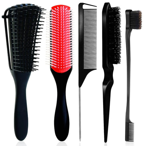 5 Pcs Detangling Brush Set，Curly, Wet/Dry, Black Hair, Flex Detangling Brush set for Hair Style and Cuting, Easy Clean in Daily