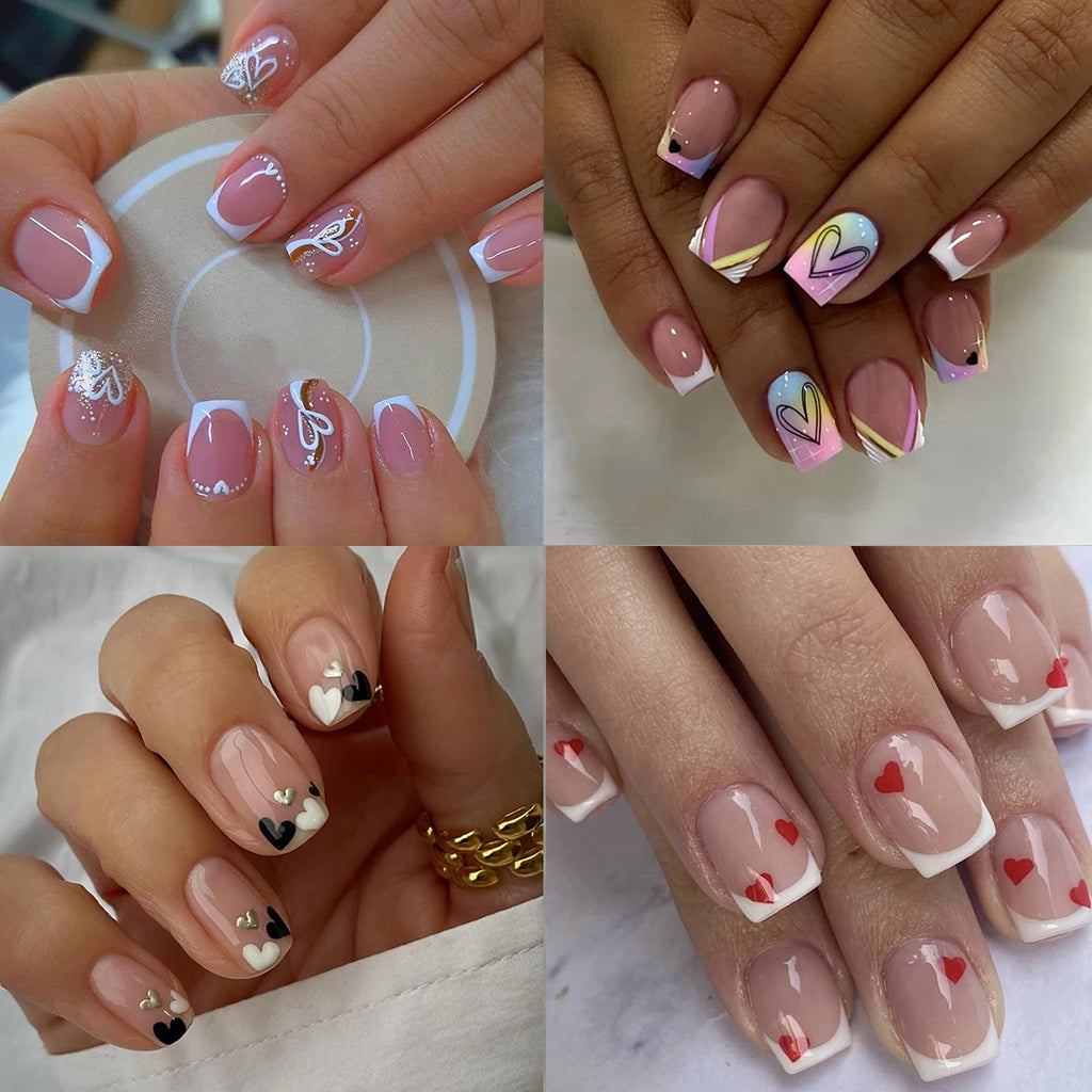 24 pieces of short square fake nails, featuring a halo dyed gradient heart and a colorful French design in European and American
