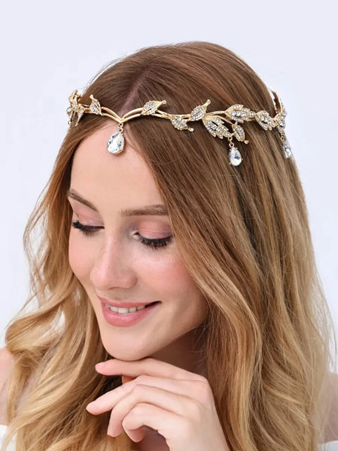 Fashionable and Luxurious Elf Crown Bridal Crystal Rhinestone Waterdrop Leaf Hair Accessories Romantic Head Accessories forWomen