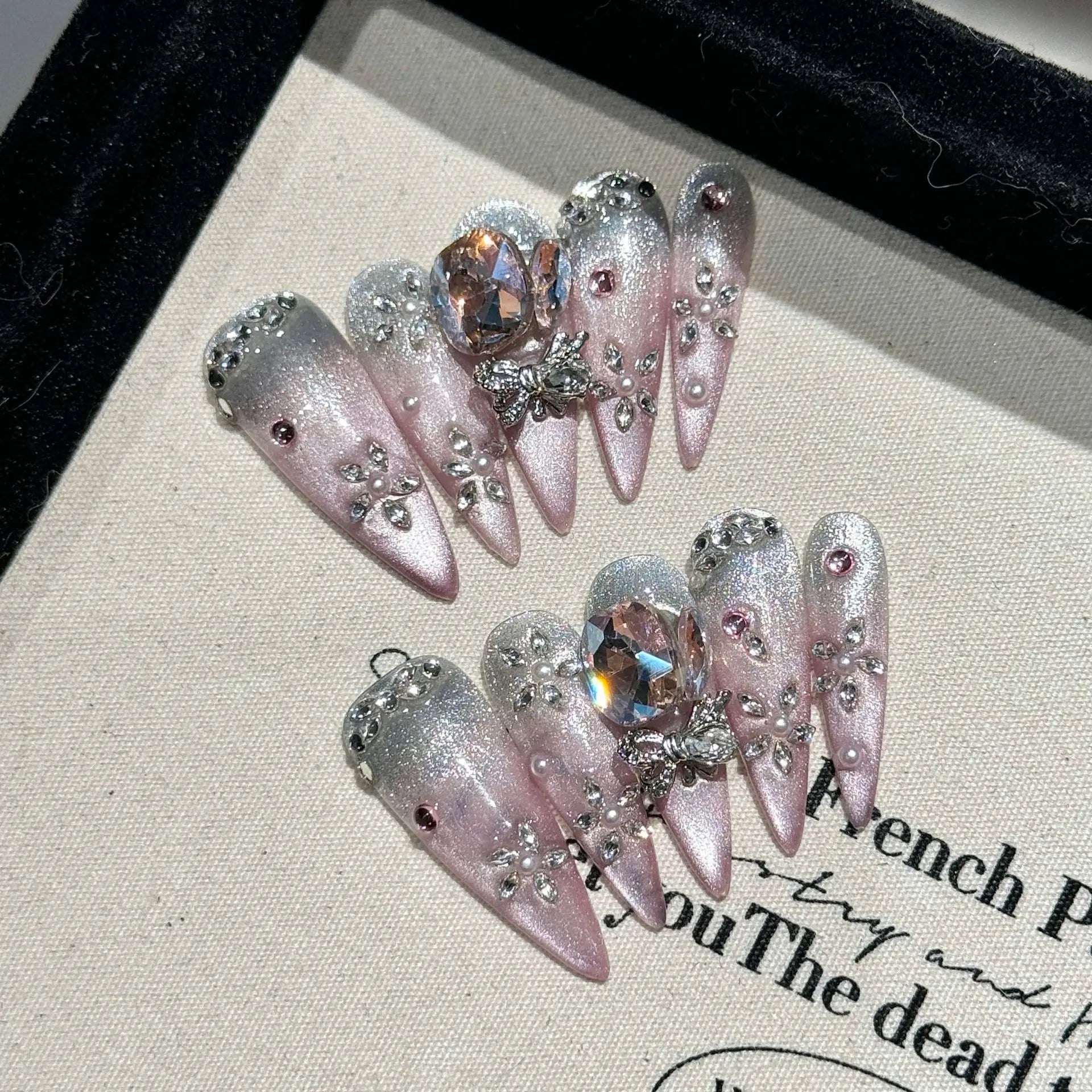 Handmade Press on Nails Shiny Pink Cat Eye Fake Nails for Women Girl Wearable Glitter Full Crystal Design False Nail Tips