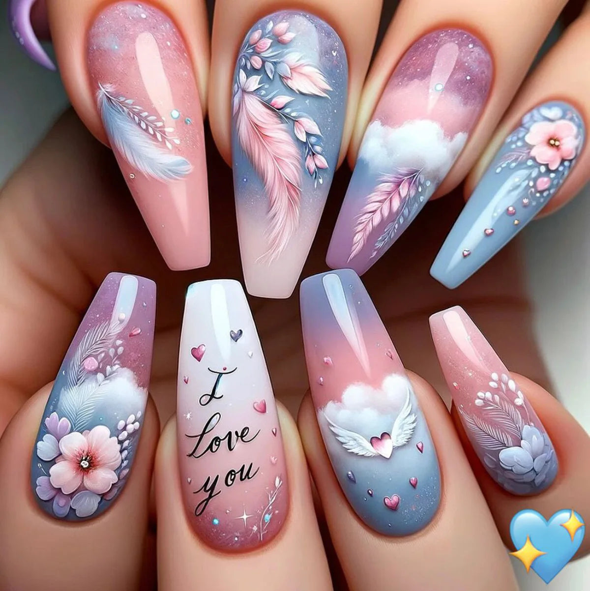 24pcs/set Medium long square fake nails for women starry sky gradient black blue purple moon star design press on false nails