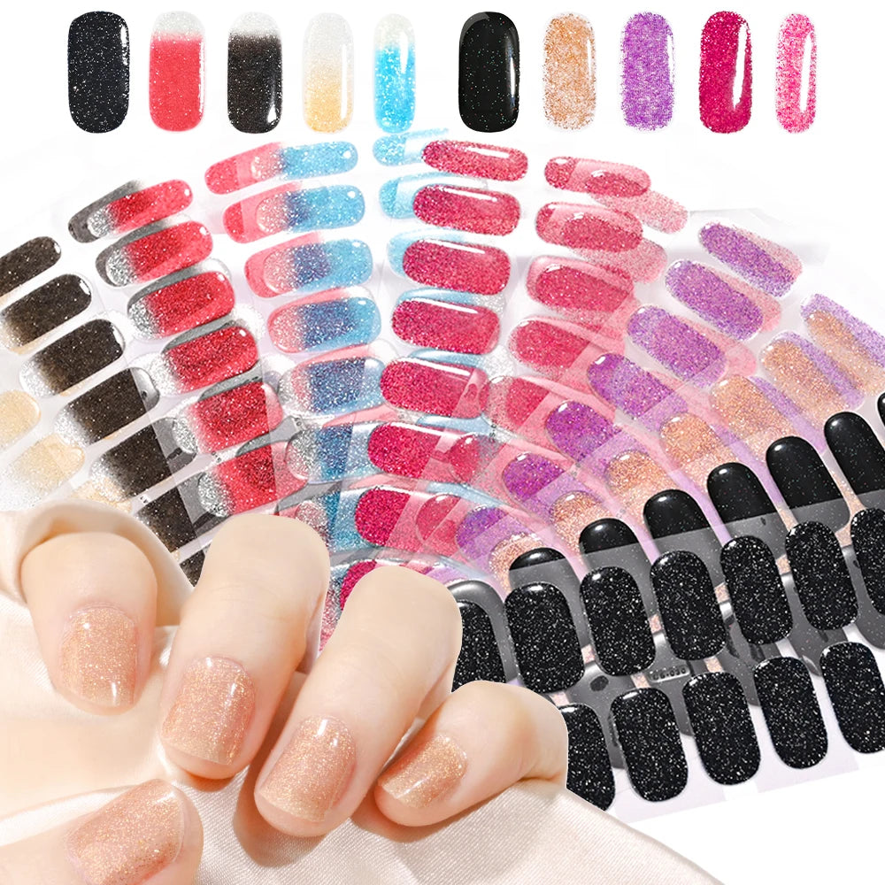 16Tips French Black Semi-Cured Nail Stickers With Glitter Long-Lasting UV Gel Nail Polish Wraps Full Cover Nail Art Decals Patch