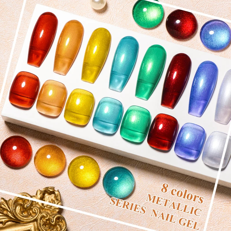 MEET ACROSS 8 Colors Mirror Gel Nail Polish Long-lasting Quick-drying Metallic Gold Silver Red Semi Permanent Varnish Nail Art