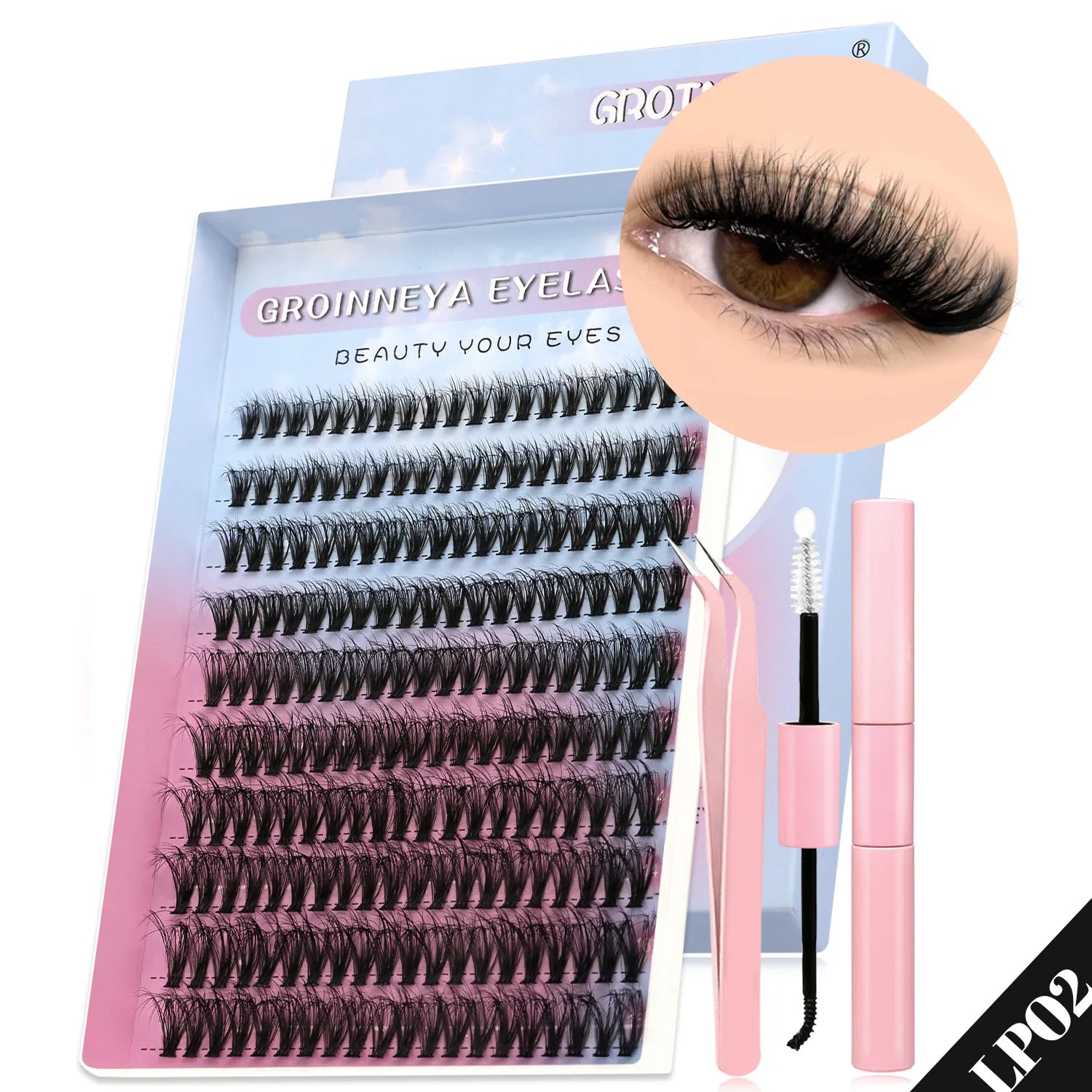 GROINNEYA DIY Lash Clusters Set Mixed Tray Lashes Kit Fluffy Individual Lashes Extension With Lash Bond and Seal Makeup
