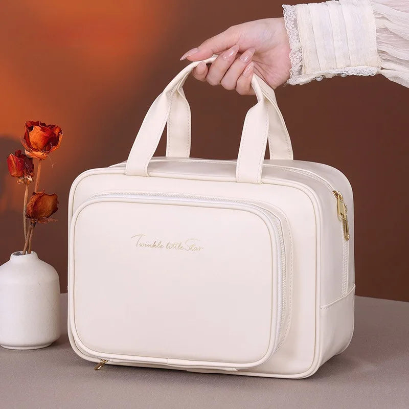 Large Capacity Makeup Bag for Women – Portable Cosmetic Organizer with Brush Holder & Carry Handle, Travel-Friendly Makeup Case
