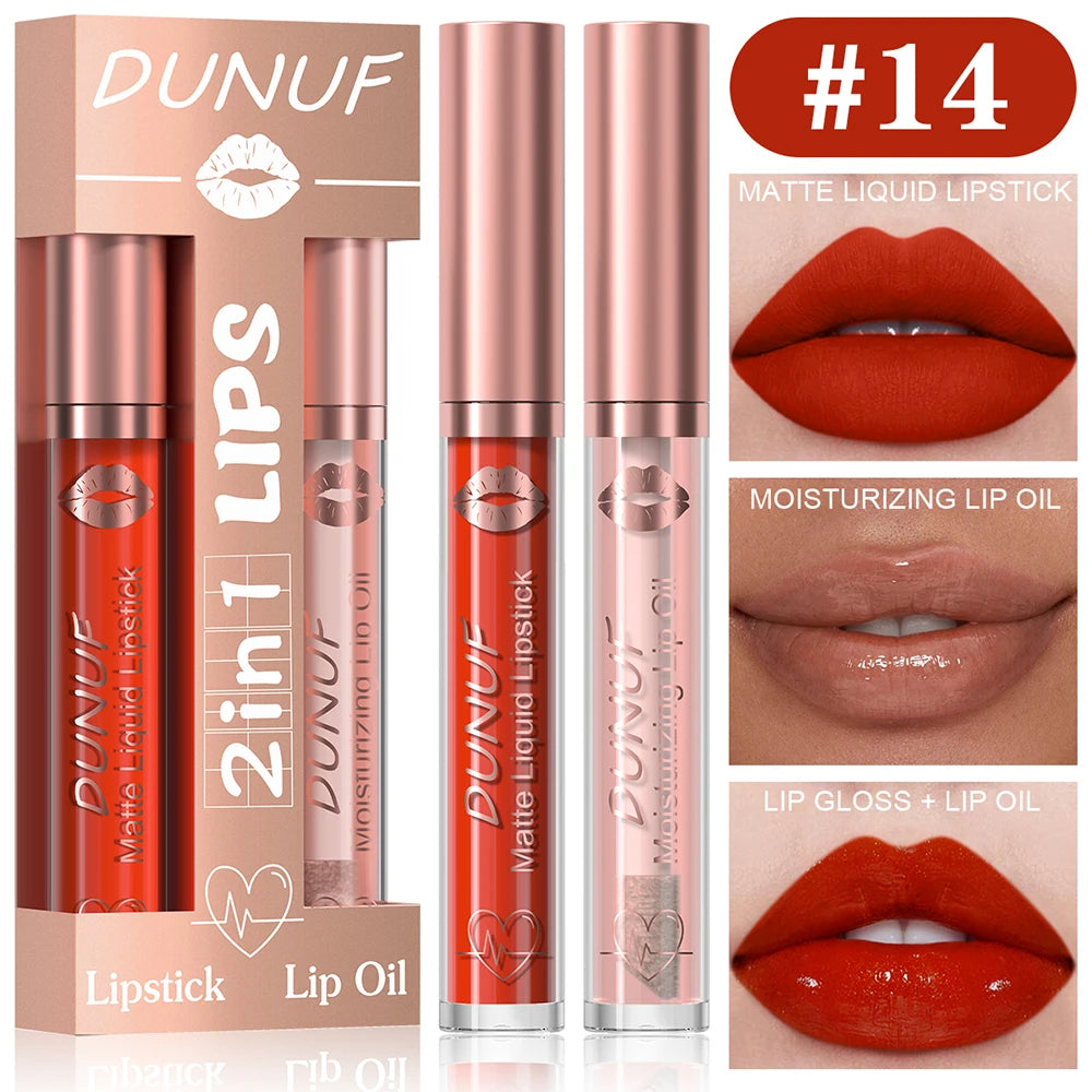 DUNUF Lip Gloss And Lip Oil Set 2-Piece Long-Lasting Waterproof Matte Moisturizing Non-Fading Lipstick Collection