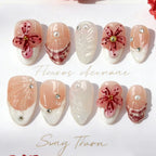 24pcs Leopard Print Brown Nails Art Gilded Pearl Design Almond Fake Nail Tips Flower False Nail for Women Girl Press on Nails