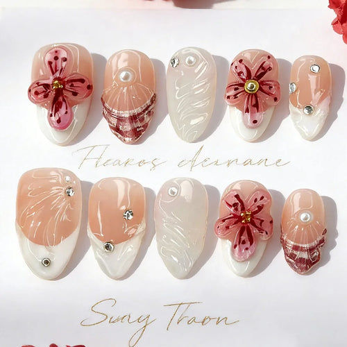 24pcs Leopard Print Brown Nails Art Gilded Pearl Design Almond Fake Nail Tips Flower False Nail for Women Girl Press on Nails