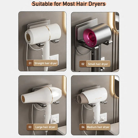 Aluminum Hair Dryer Rack Wall Mounted Self-adhesive Hairdryer Cradle for Dyson Hair Dryer Holder without Drilling Bathroom Shelf