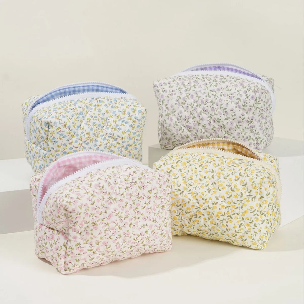 Women's Bag Floral Quilted Cosmetic Bag Large-capacity Cotton Fabric Storage Toiletries Bag For Cute Ladies Checkered Embroidery