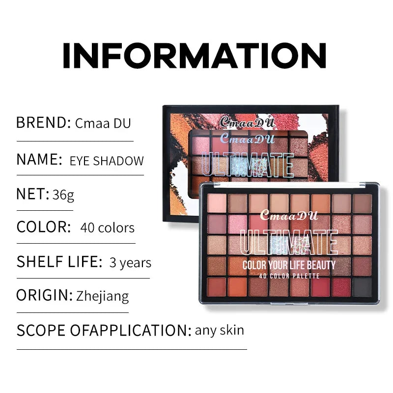 40-Color Eyeshadow Palette:Matte/pearlescent, brown/macaron. Quality, nice eyes.Dating,festivals,beach.Vibrant,durable;gift set.