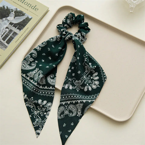 2023 Fashion Print Chiffon Long Ribbon Scrunchies Women Girls Ponytail Scarf Elastic Hair Bands Ties Hair Accessories Wholesale