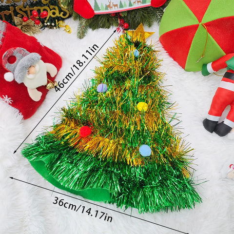 Christmas Tree Hats Fabric Rain Silk Hat for Adults Kids Funny Santa Hat with Tinsel Xmas Holiday Party Costume New Year Decor