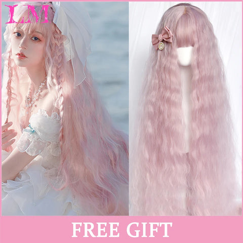 LM Synthetic Hair Long Wave Black And Pink Lolita Wigs For Women Cosplay Wig With Bangs Halloween Christmas Heat Resistant