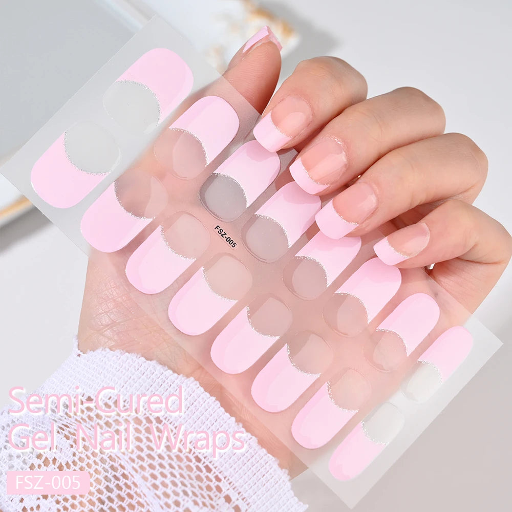 16Tips French Black Semi-Cured Nail Stickers With Glitter Long-Lasting UV Gel Nail Polish Wraps Full Cover Nail Art Decals Patch